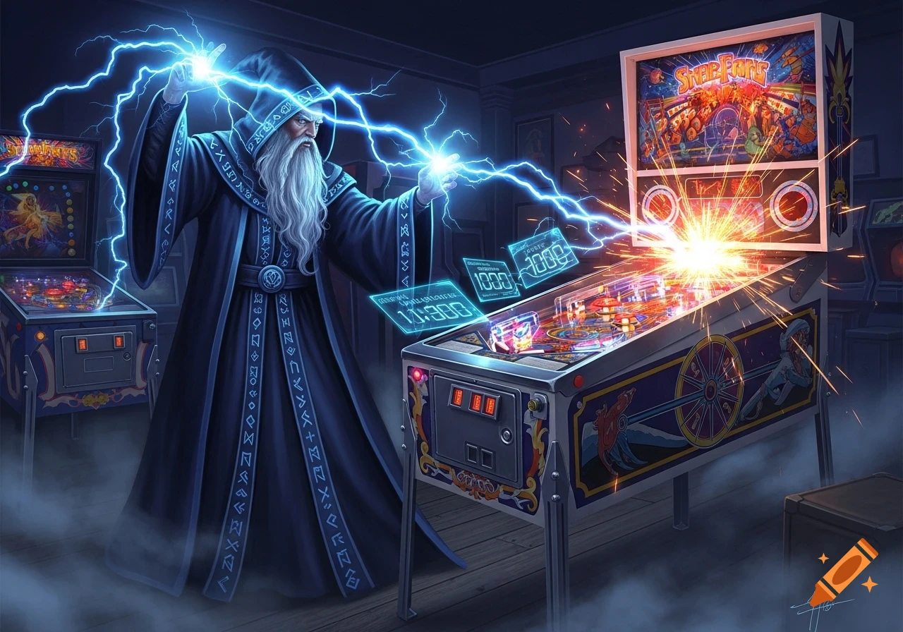 An illustration of a wizard zapping a pinball machine with blue lightning in an arcade.