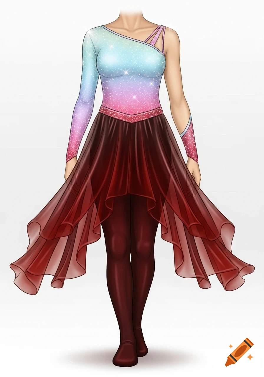 A stylized color guard costume with a glittery pastel blue and pink top, a dark red waistband, and a flowing, translucent dark red skirt over matching tights.