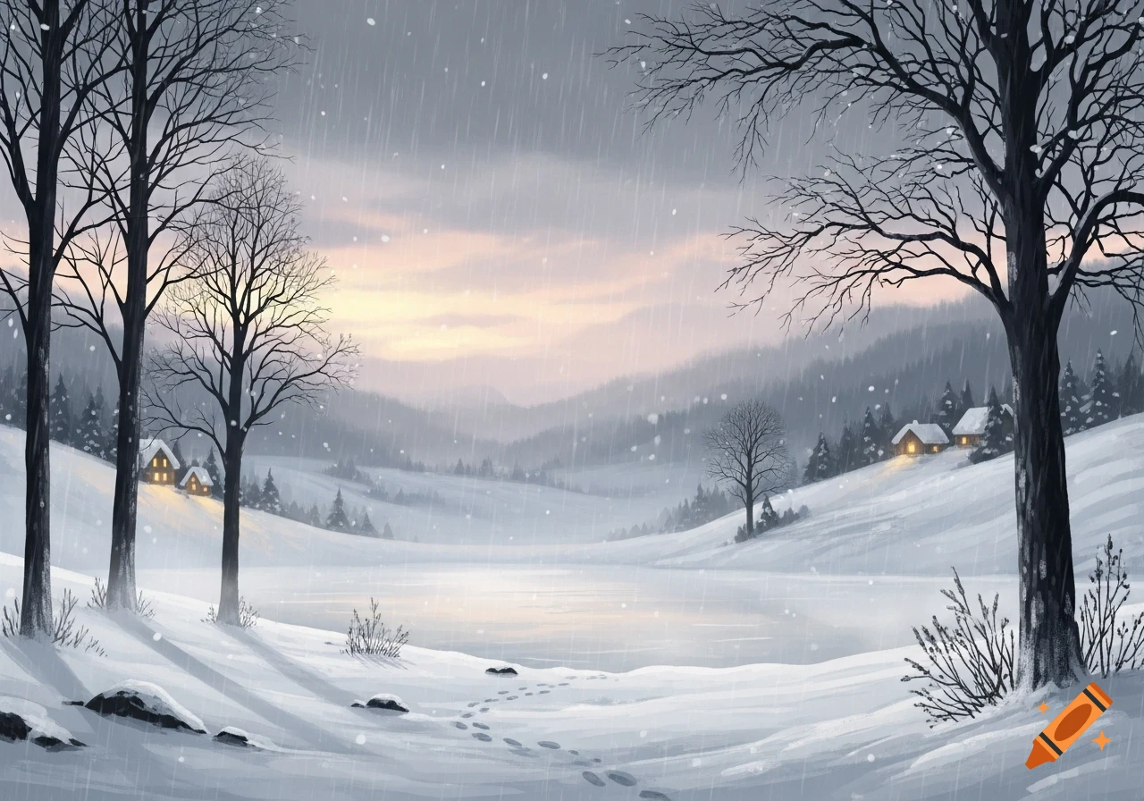 A serene snowy winter landscape with bare trees framing a frozen lake, distant cottages, and falling snow at sunrise.