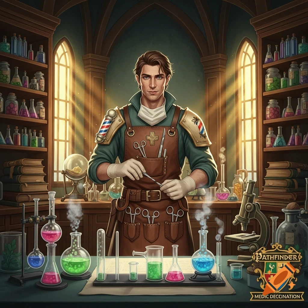 A male alchemist or medic with white gloves and a brown apron stands in a magic-filled laboratory surrounded by colorful potions and equipment, in a fantasy art style.