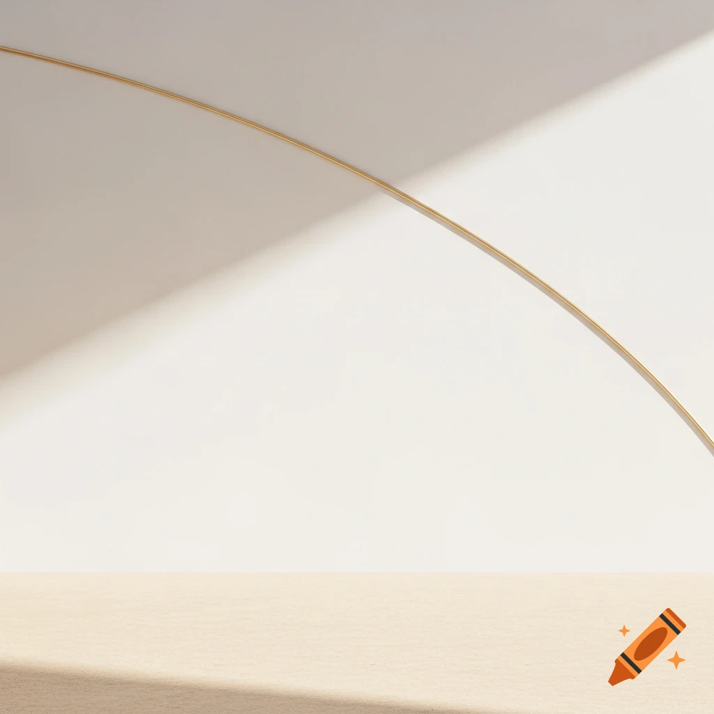 Minimalistic background with a curved golden line, strong shadows on a white wall, and a light beige ground.