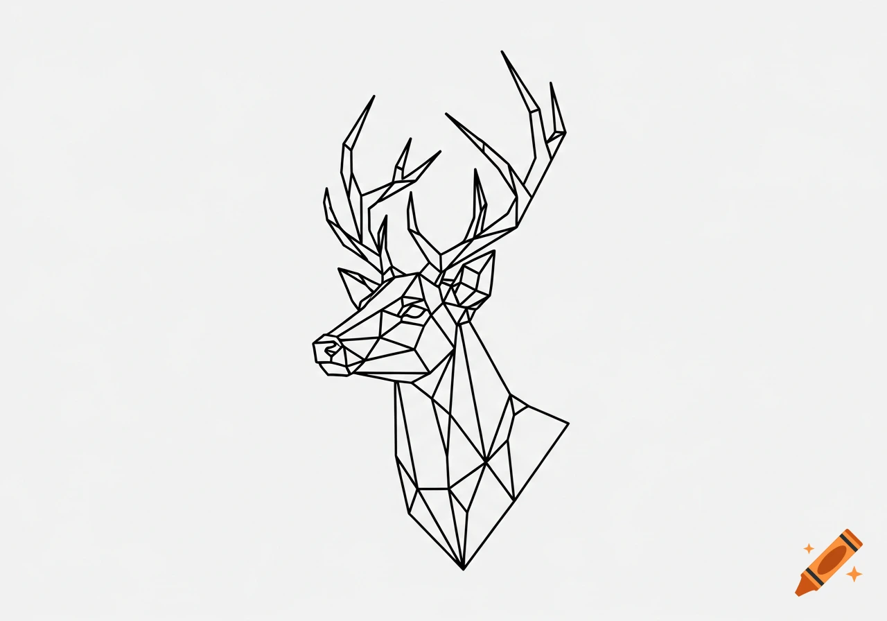 Minimalist geometric line art of a deer head in side profile on a white background.