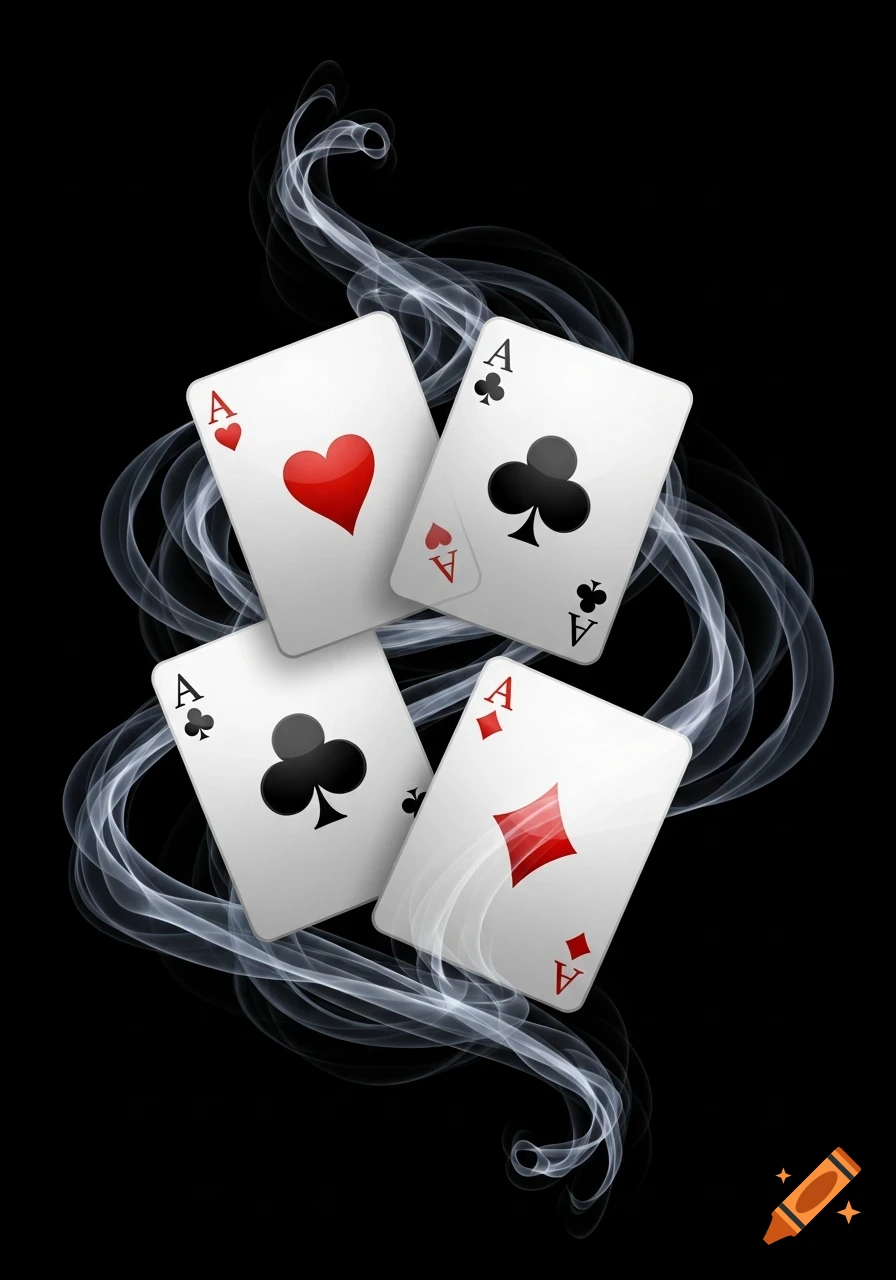 Four aces of hearts, clubs, spades, and diamonds on a black background, encircled by white smoke.