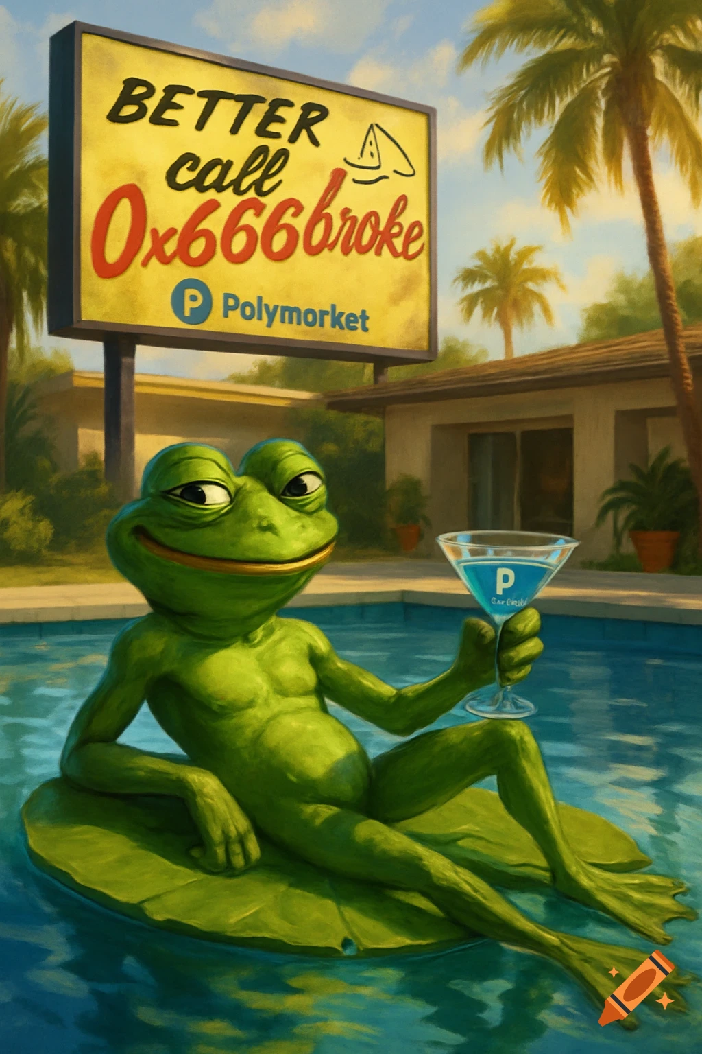 A cartoon frog on a lily pad in a pool holds a martini. A billboard above reads 'BETTER call 0x666broke Polymarket'.