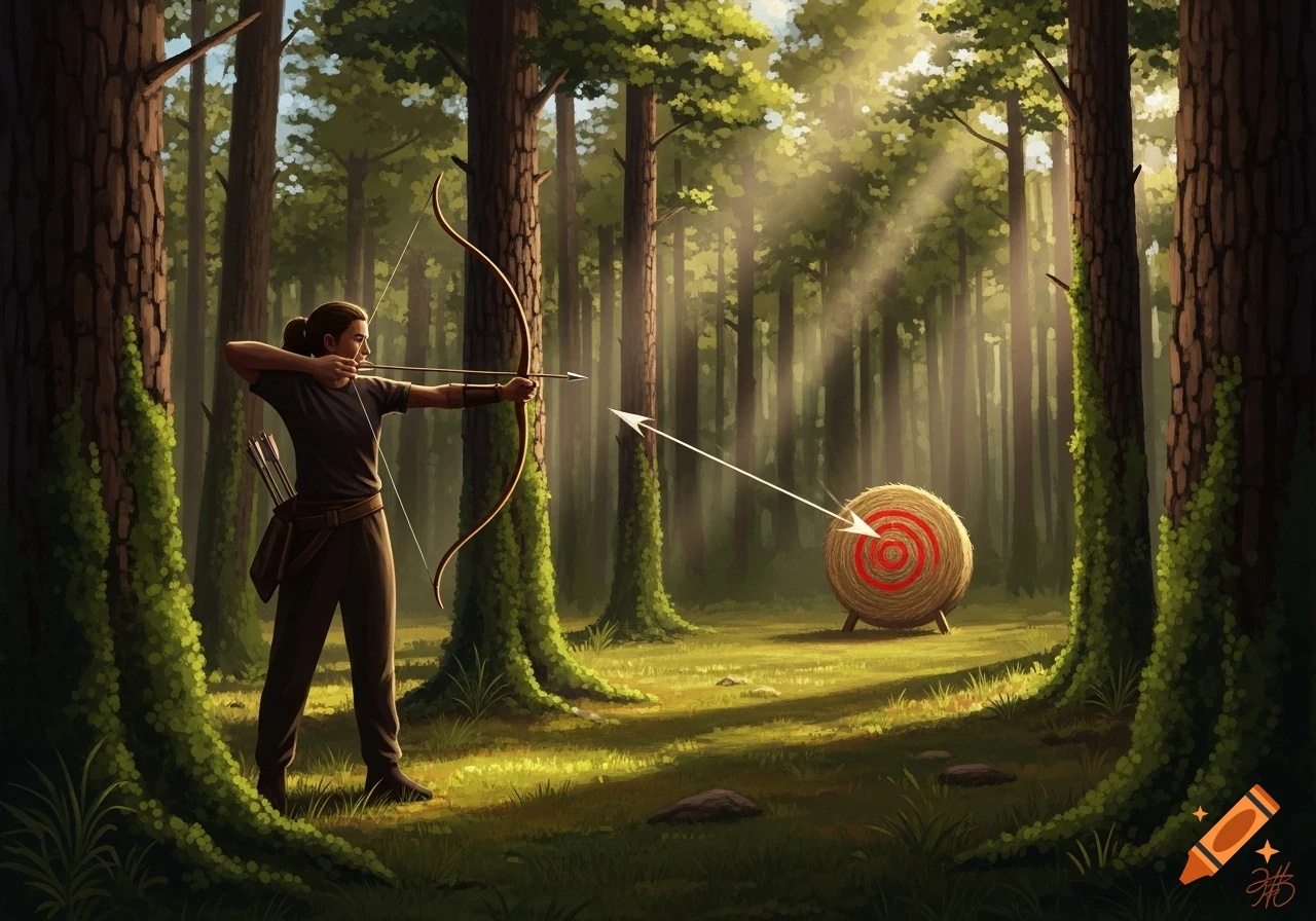An archer in a lush, sun-dappled forest aims an arrow at a target. Illustrated art style.