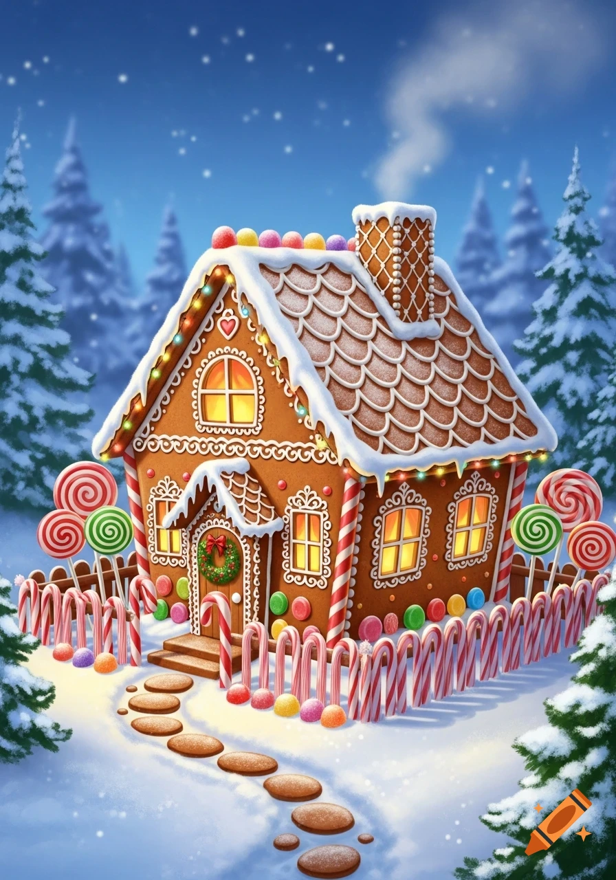 A festive gingerbread house with candy and gumdrop decorations, surrounded by a candy cane fence in a snowy forest at night, with smoke from the chimney.