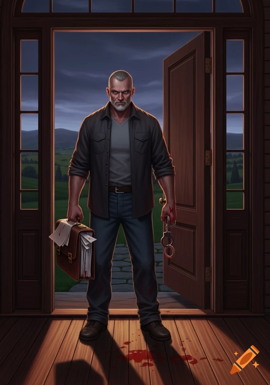 A stern, gray-haired man stands in a doorway at dusk, holding a bloody briefcase and handcuffs, with blood splatters on the floor.