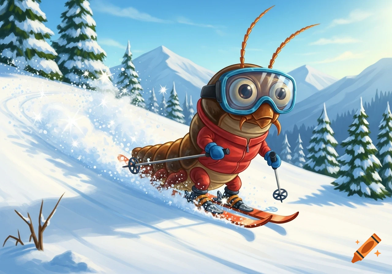 A cute cartoon insect wearing a red jacket and blue goggles skis down a snowy mountain, kicking up snow, with pine trees and mountains in the background.