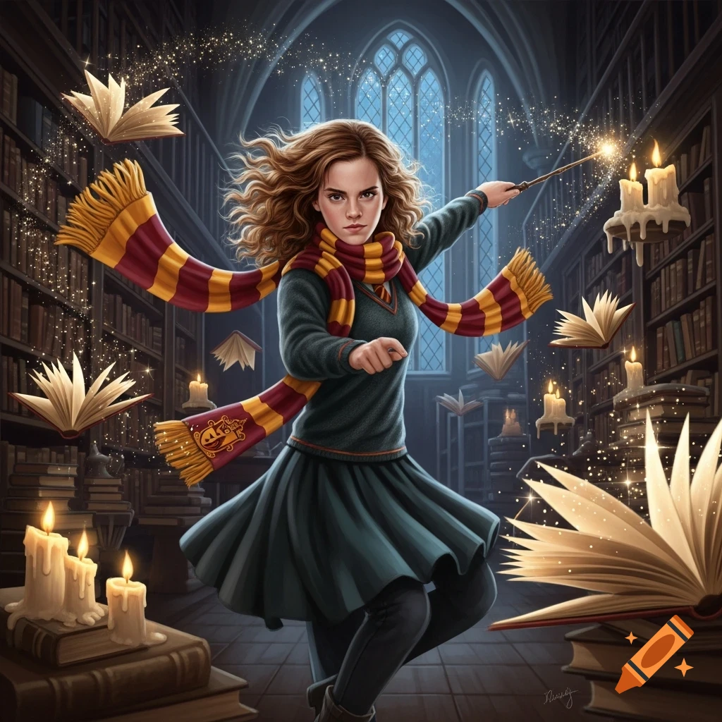 Hermione Granger, wearing a Gryffindor scarf, casts a spell with a wand in a grand, dimly lit library, surrounded by floating books and sparkling magic.
