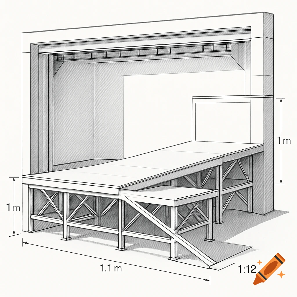 A technical drawing of a stage with a 1m high platform and a 1:12 slope, showing dimensions.