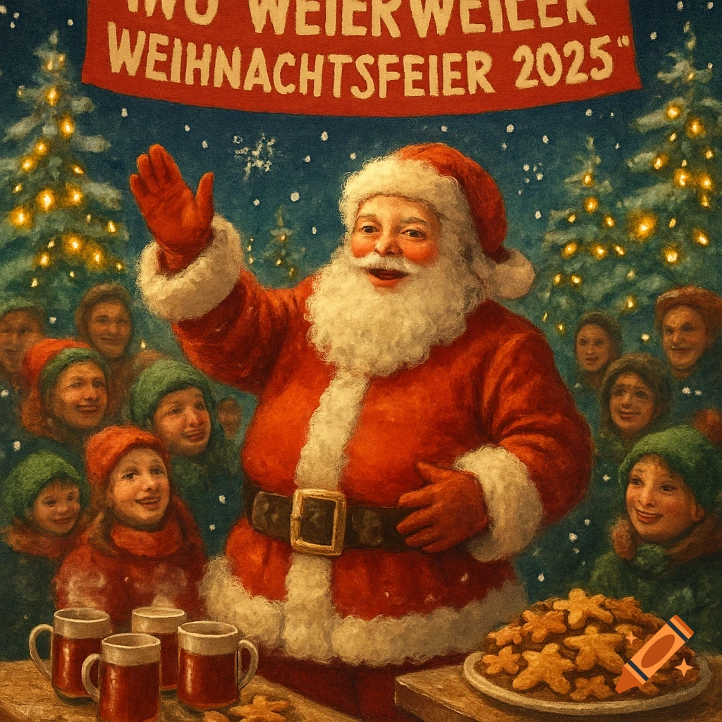 A painterly depiction of Santa Claus waving and smiling at a Christmas party with joyful children, decorated trees, and holiday treats.