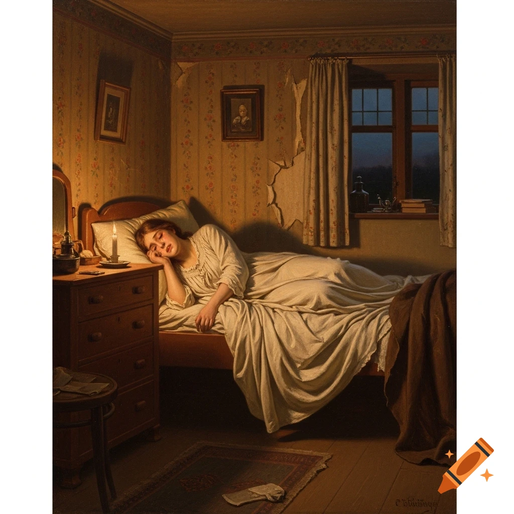 A melancholic oil painting of a young woman in a nightgown sleeping in a dimly lit, humble bedroom by candlelight.