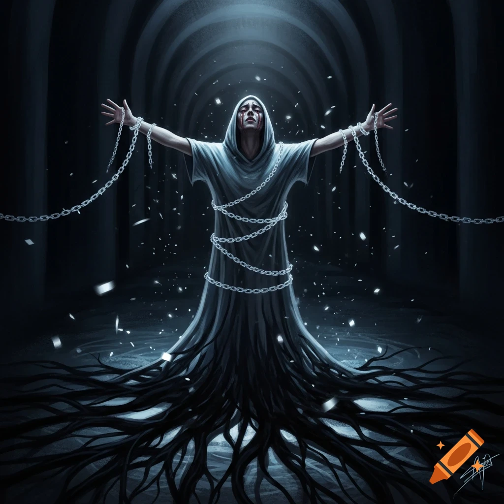 A cloaked figure bound by chains, with dark roots growing from their robes, standing in a dim, arched tunnel.