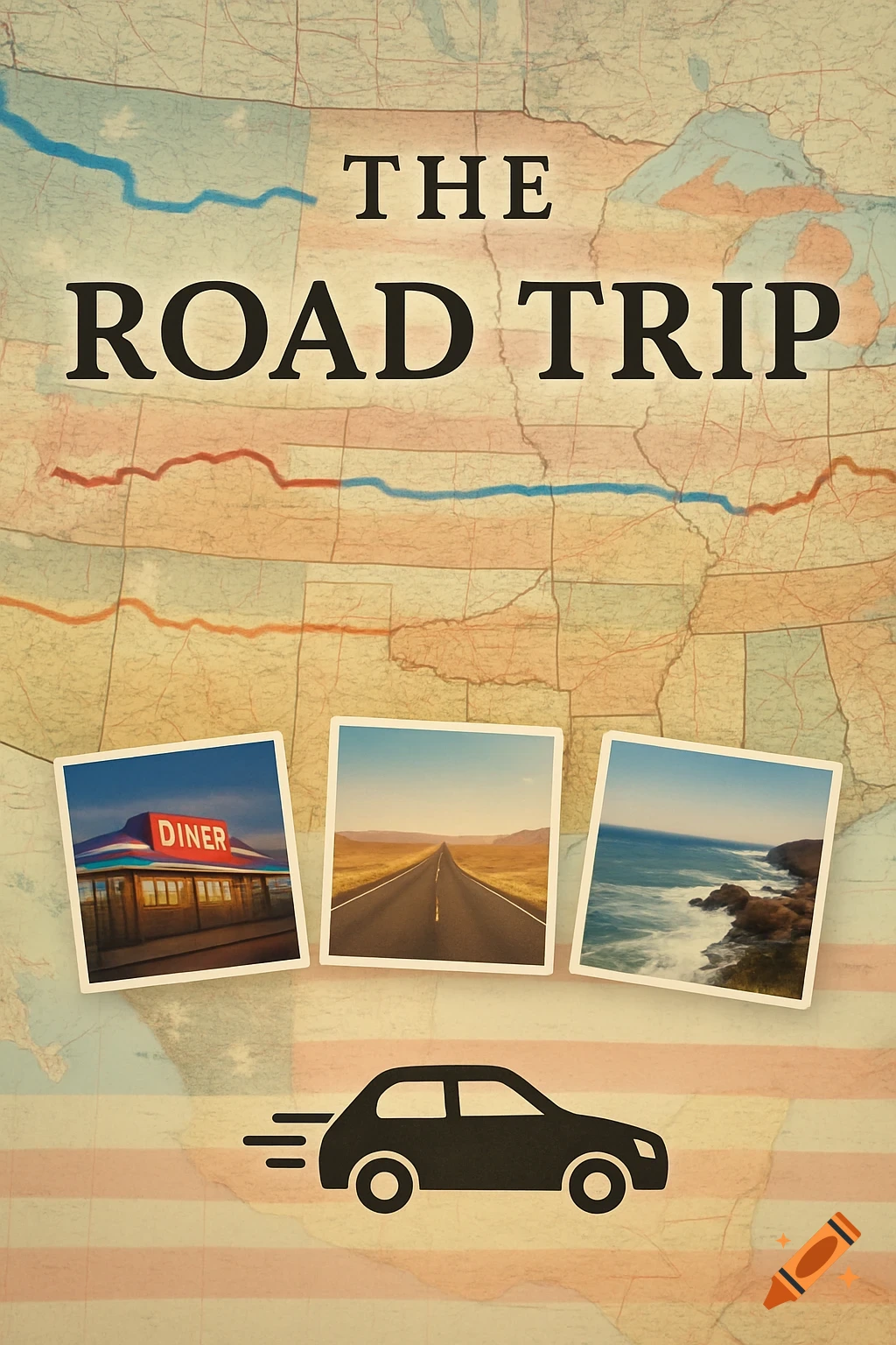 A road trip book cover with an antique US map background, three inset photos of a diner, an open road, and a coastline, a black car icon, and the title 'THE ROAD TRIP'.