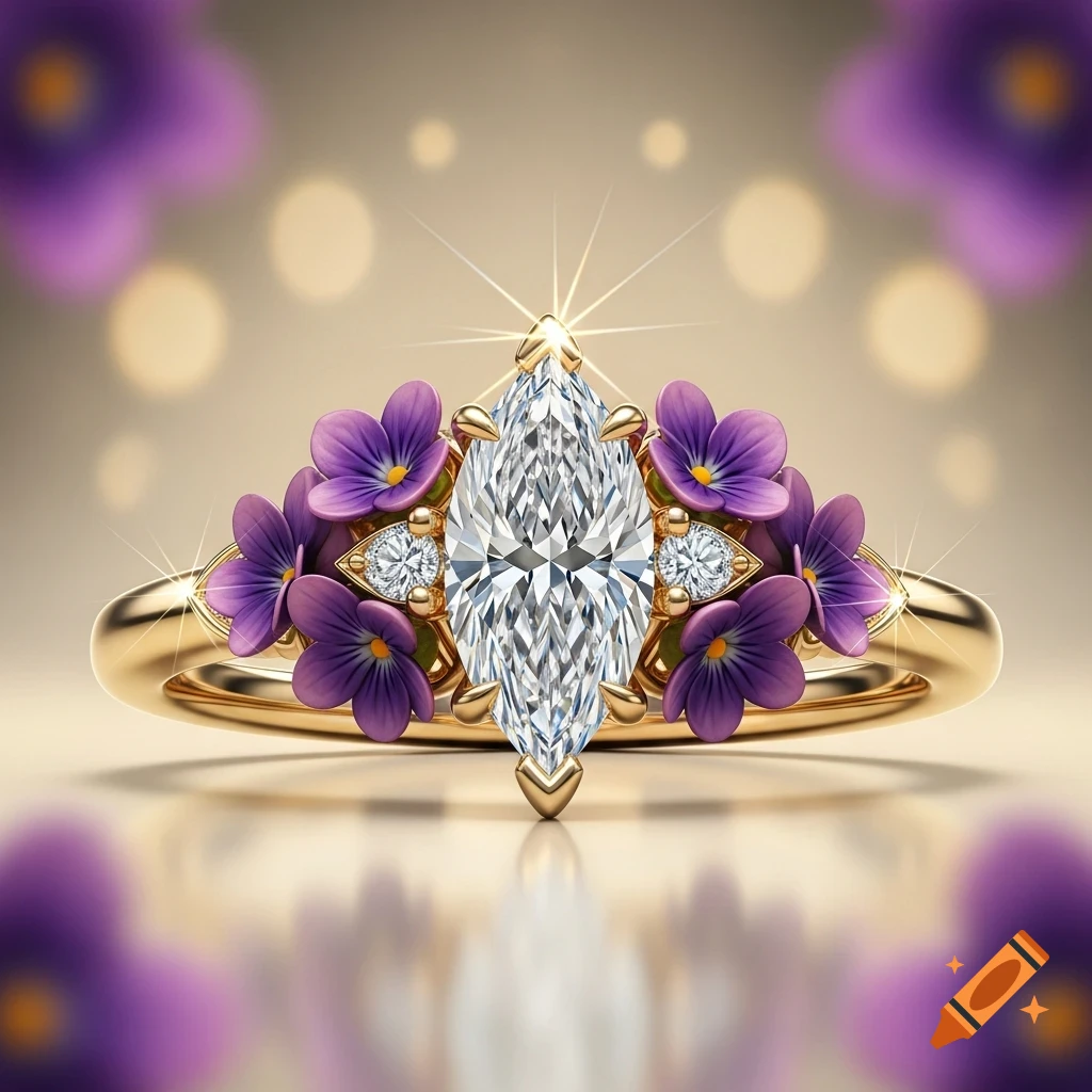 A close-up, photorealistic image of a gold engagement ring featuring a marquise diamond surrounded by deep purple violets.