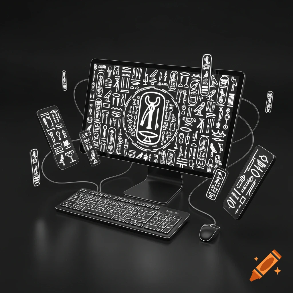 A 3D render of a computer with glowing white hieroglyphics on its screen and floating panels against a dark background, with a keyboard and mouse.