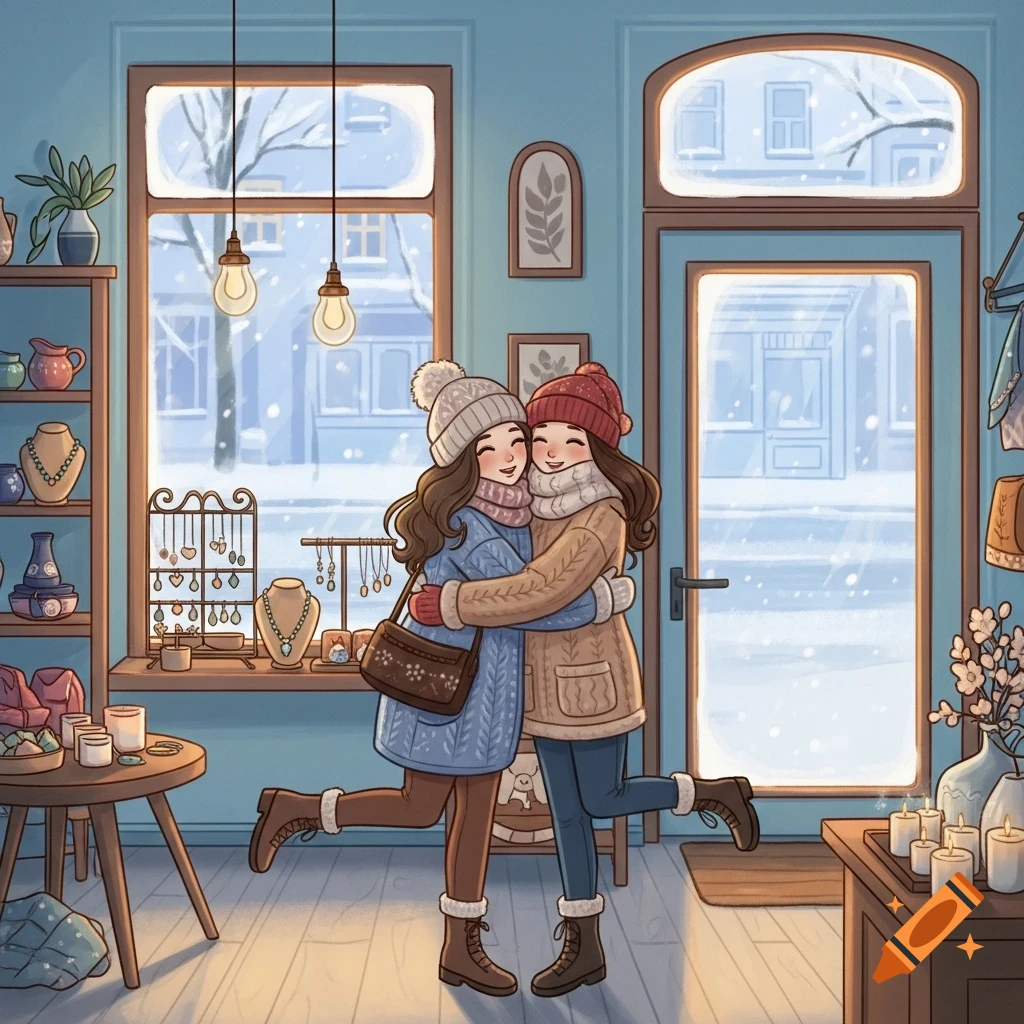 Two friends in winter outfits hugging in a cozy boutique with a snowy window view in a cartoon style.