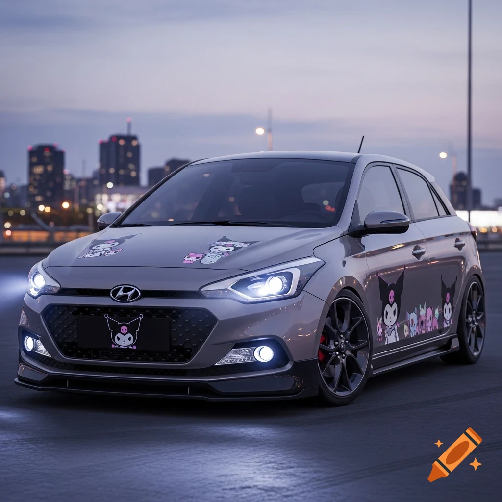 Photorealistic grey Hyundai i20 custom car with Kuromi decals, custom headlights, and front bumper, at dusk with city lights.