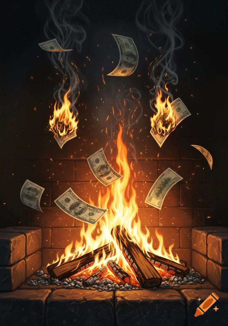 Dollar bills burning in a roaring fireplace, with smoke rising from the flames.