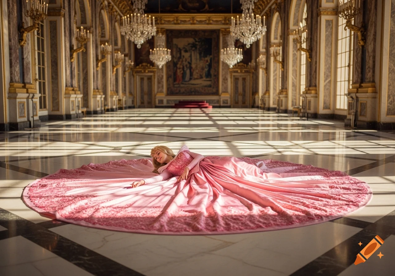 Princess Aurora in a flowing pink dress lies on a marble ballroom floor, sunlit from tall windows.