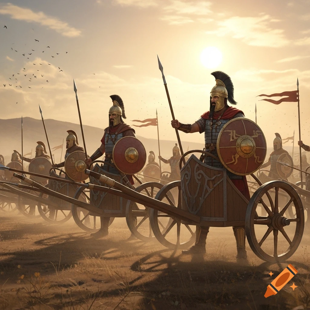 Ancient Hittite soldiers in chariots stand ready on a dusty battlefield at sunset, an epic and detailed scene.