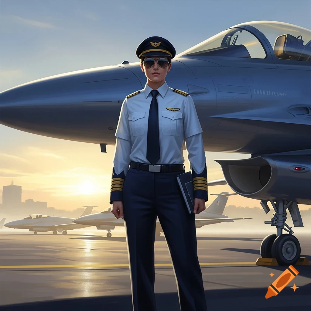 A female pilot in uniform stands on an airport tarmac at sunset, with fighter jets behind her in a photorealistic style.