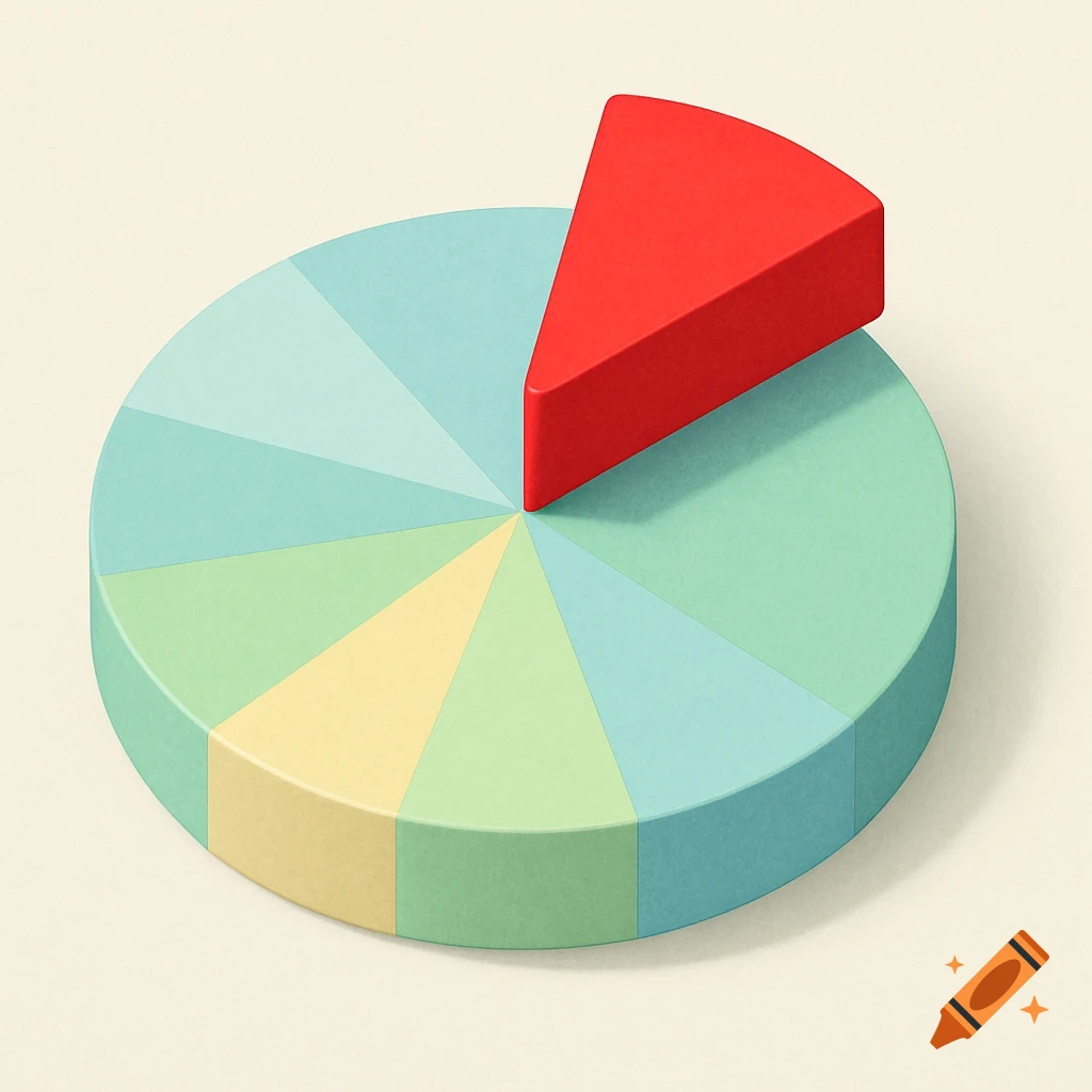 A 3D illustration of a pie chart with one red slice raised above other light blue, green, and yellow slices, on a light background.