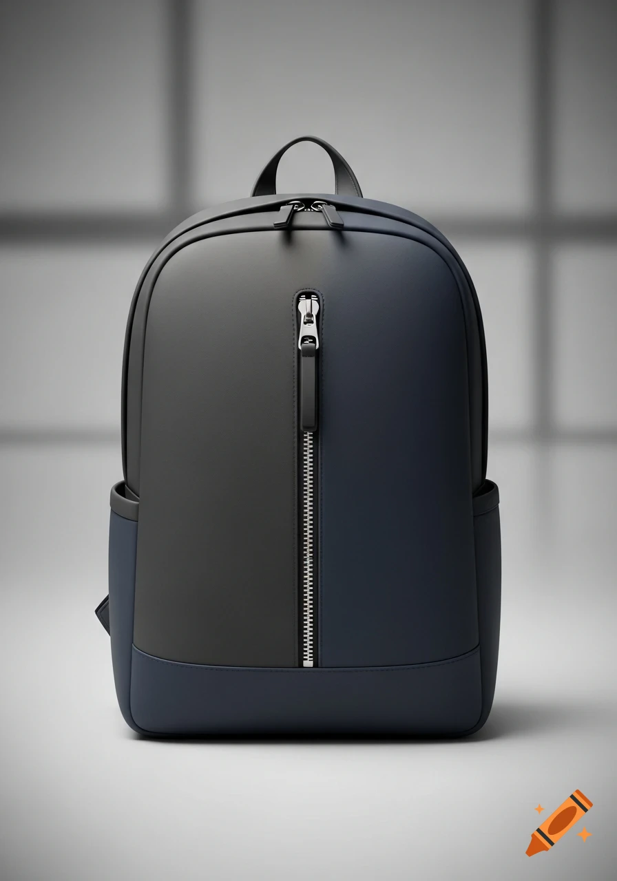 A minimalist dark gray and navy blue backpack standing upright, with a prominent silver zipper down the front.