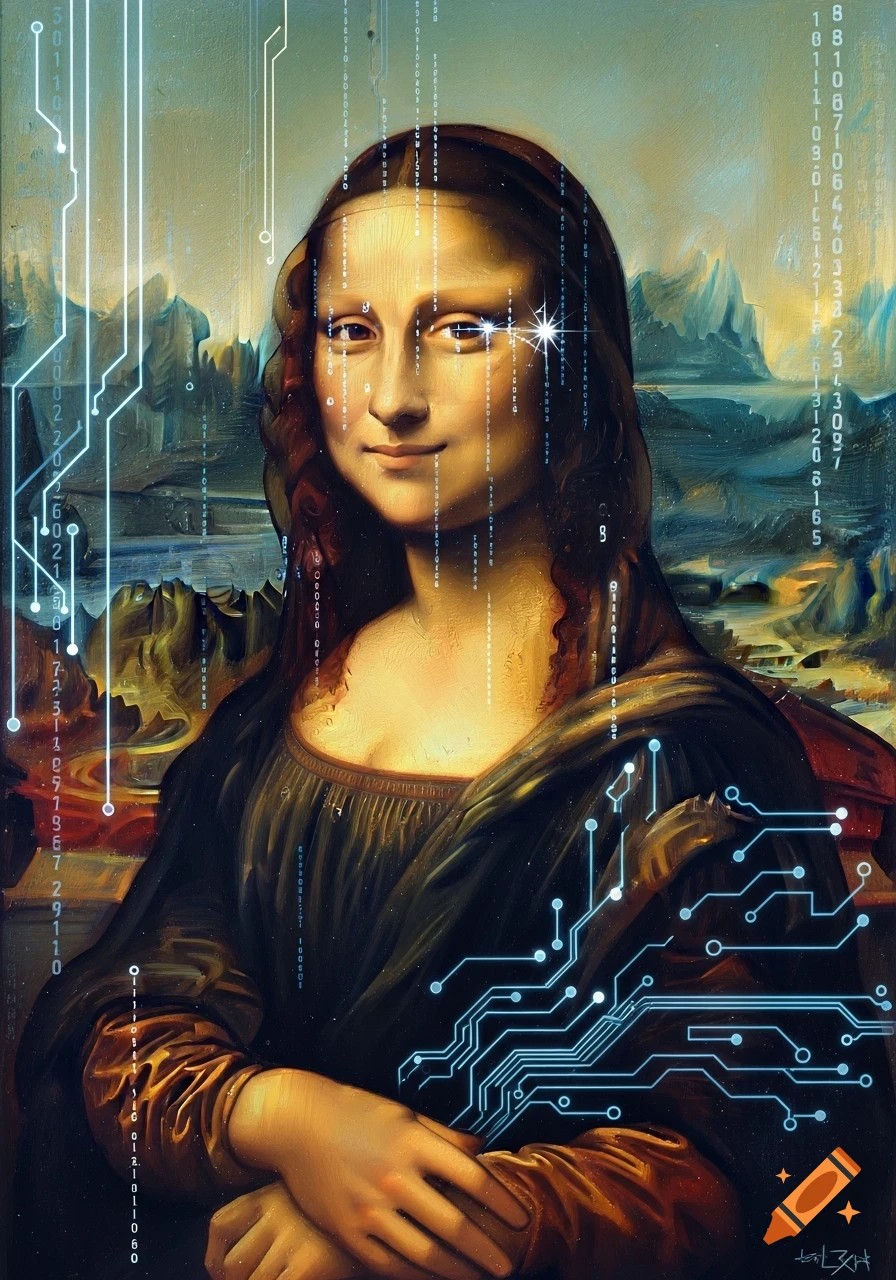 A stylized painting of the Mona Lisa with glowing circuit board patterns and binary code falling around her, one eye sparkling like a star.