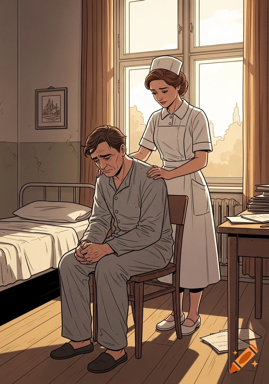 A graphic novel illustration of a nurse comforting a sad man in pajamas seated in a sunlit sanatorium room.