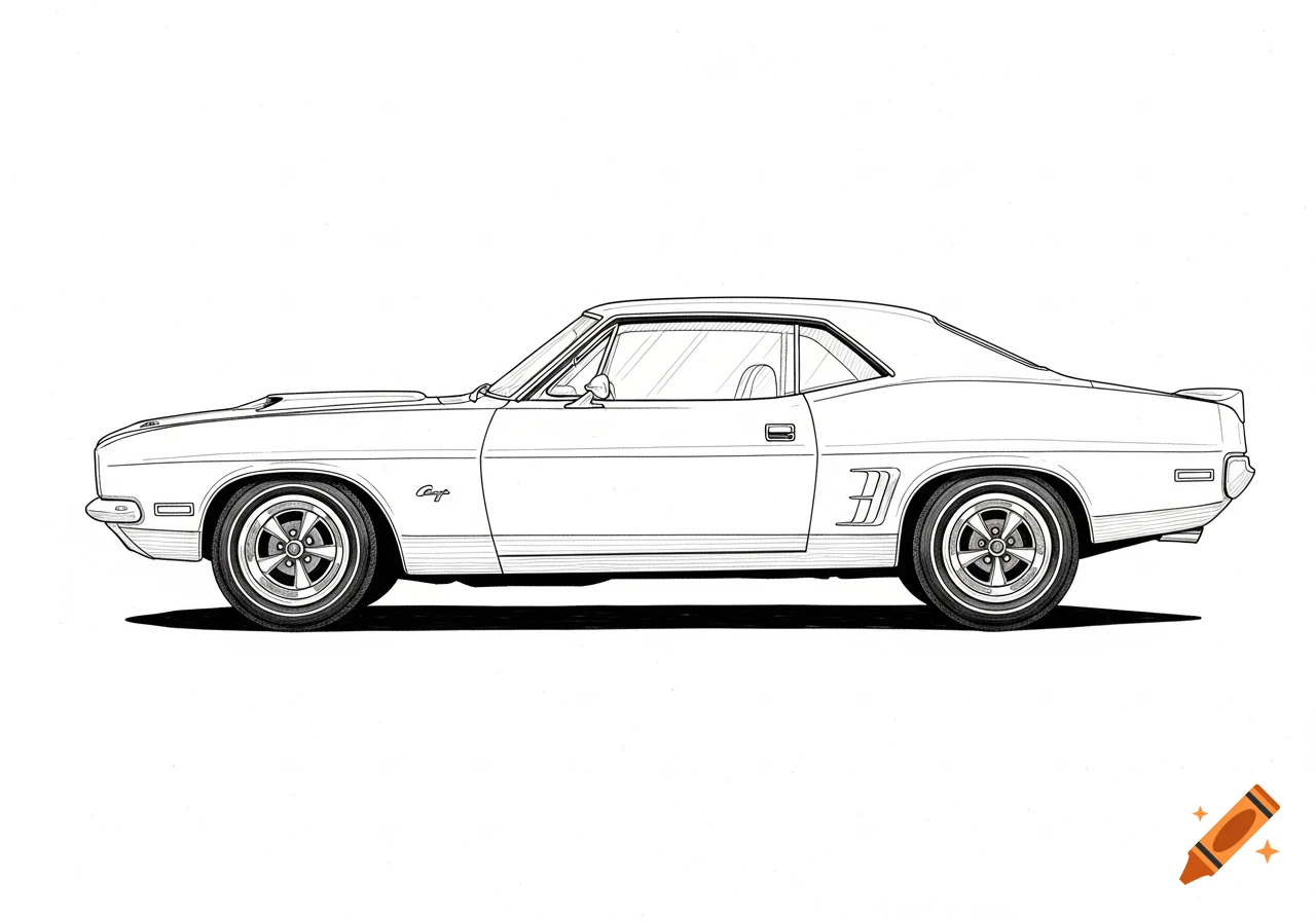 A black pen sketch of a classic muscle car in side profile against a white background.