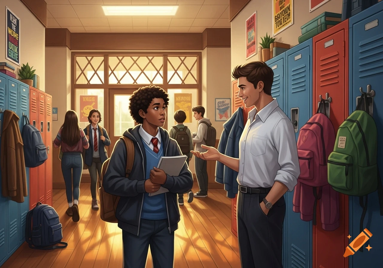 An illustrated scene of a student in a school uniform talking to a teacher in a bright hallway with lockers and other students.