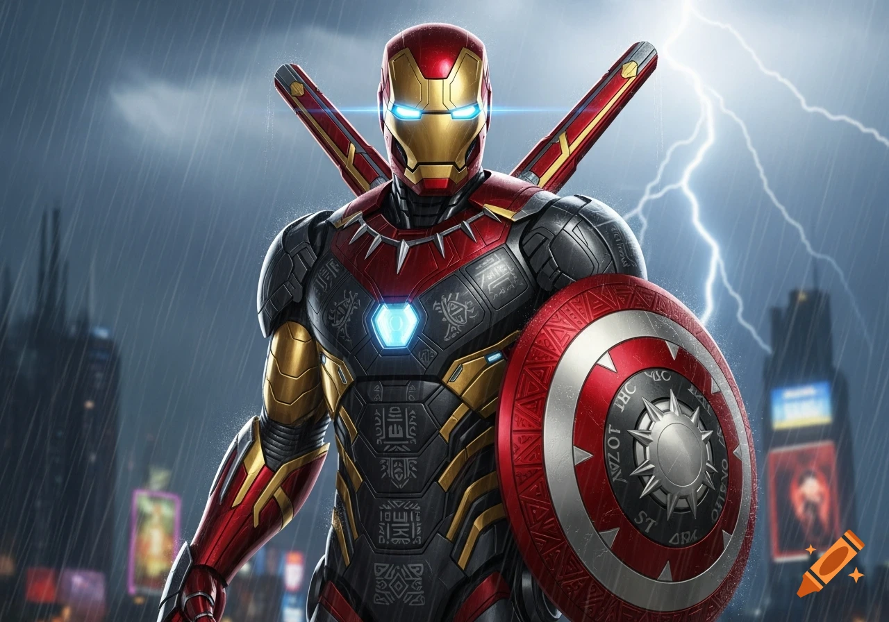 A superhero, a fusion of Iron Man and Black Panther, stands in the rain with lightning, holding Captain America's shield.