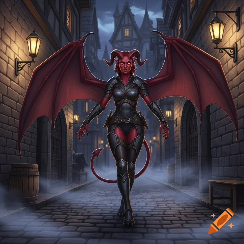 A red-skinned tiefling rogue with large red wings, horns, and a tail stands in a dark, cobblestone medieval alley with glowing lanterns.