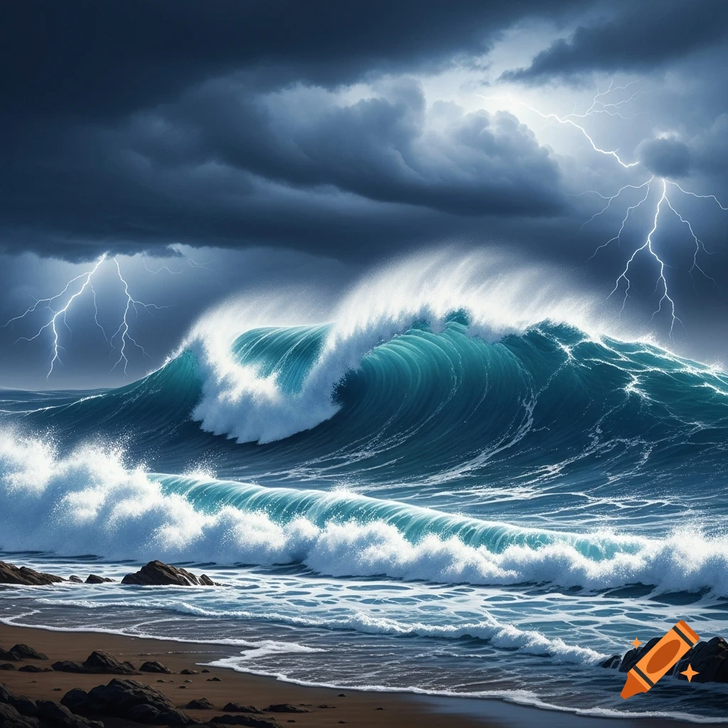 Massive teal waves crash onto a dark sandy beach under a stormy, lightning-filled sky, photorealistic style.