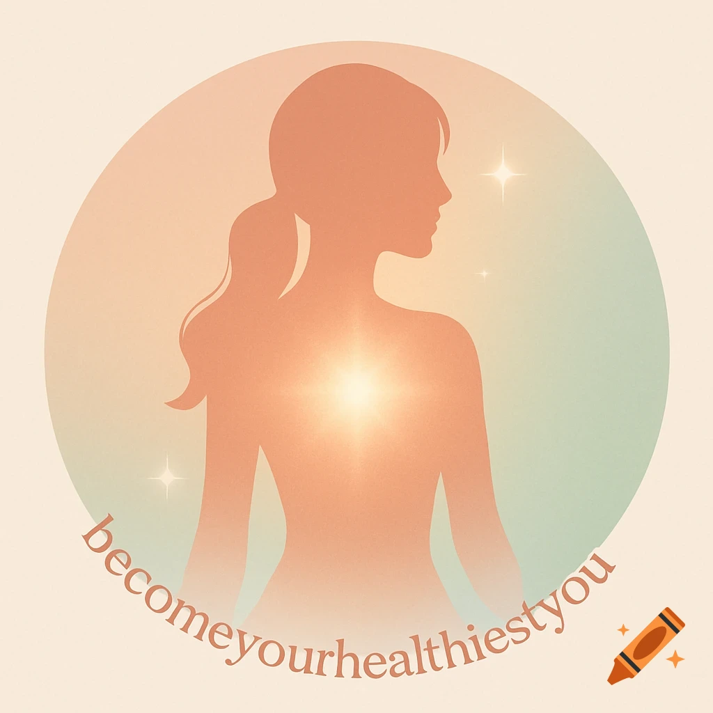 Minimalist vector illustration of a feminine silhouette with a glowing chest, set against a pastel gradient circle, with text 'becomeyourhealthiestyou' at the bottom.