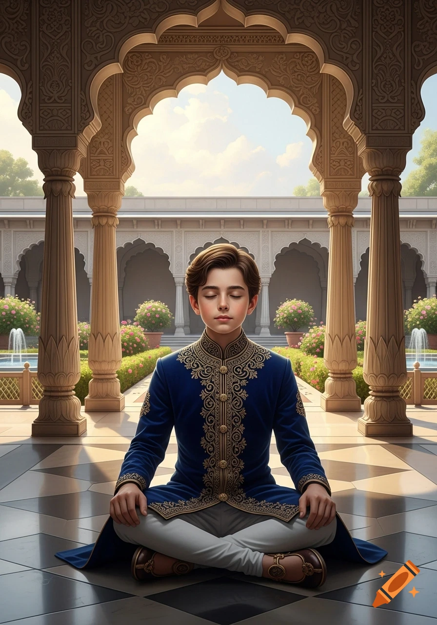 Young boy meditating in a royal blue embroidered coat, sitting cross-legged in an ornate palace courtyard with arches and fountains.