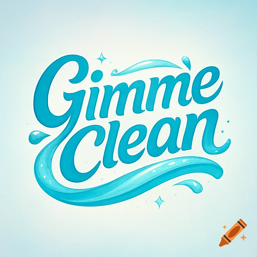 Stylized blue lettering for 'Gimme Clean' with water droplet and wave elements on a light blue background.