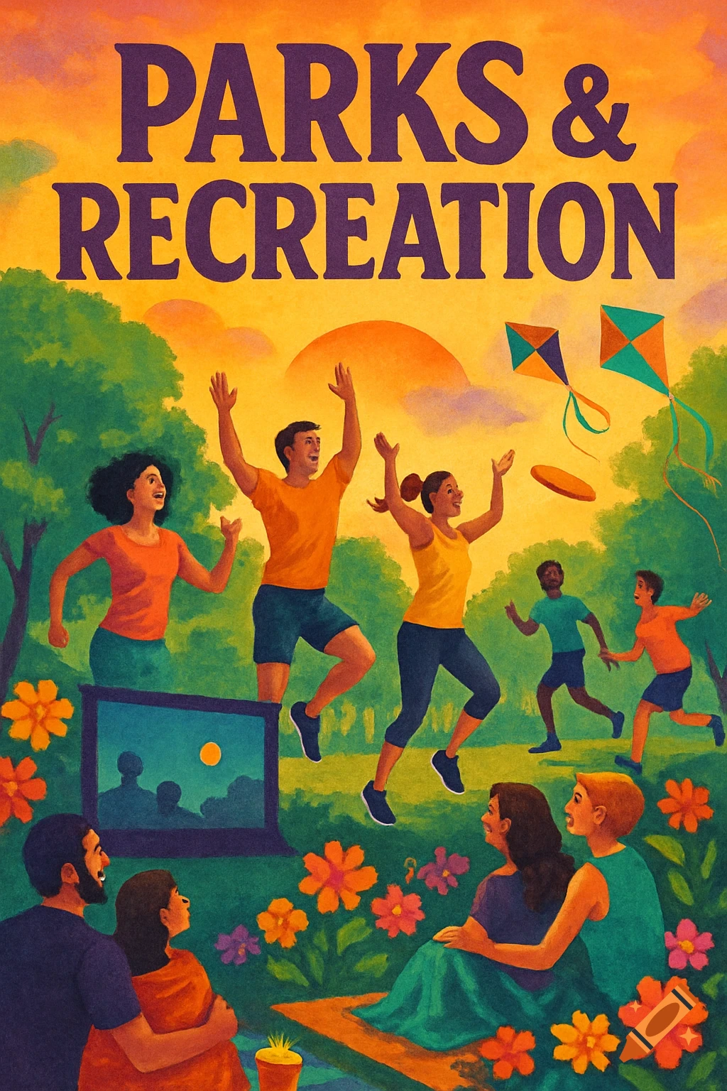 Colorful graphic illustration of diverse people enjoying a park, with 'PARKS & RECREATION' text overhead. Activities include playing and relaxing.