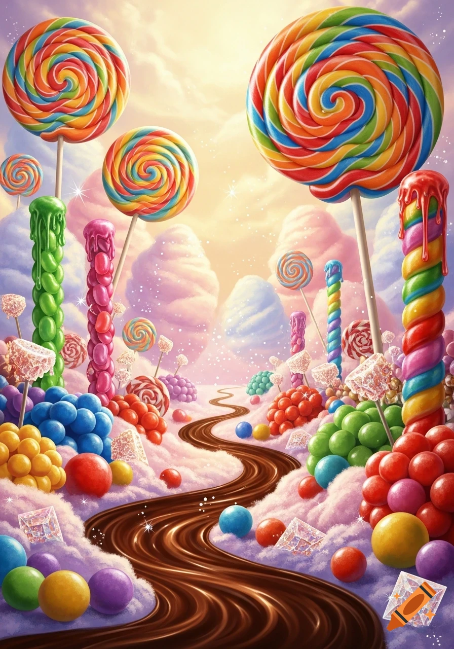 A vibrant fantasy landscape made of colorful lollipops, candies, a chocolate river, and fluffy pink clouds under a yellow sky.