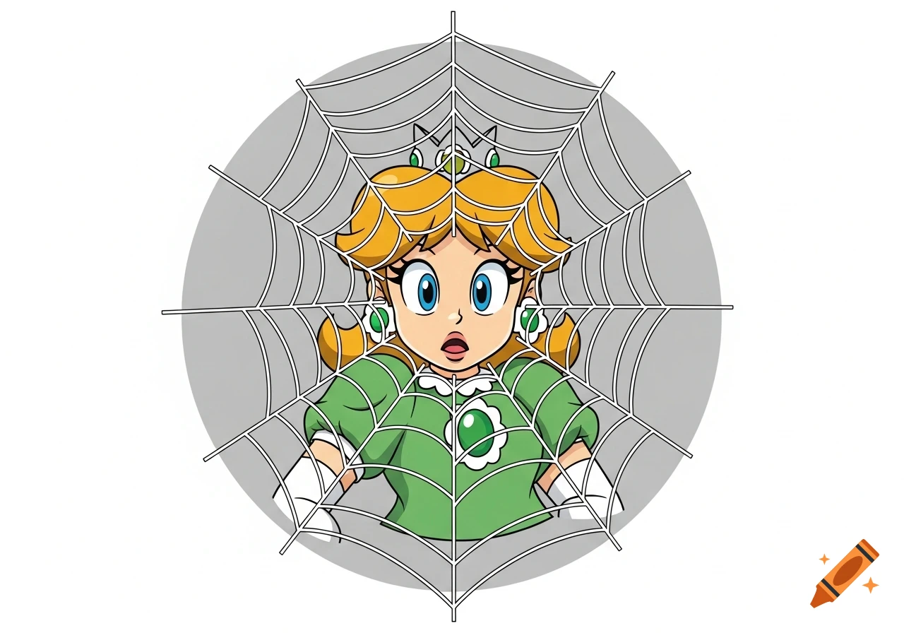 Cartoon illustration of Princess Daisy with a surprised expression, caught in a spiderweb against a grey circle.