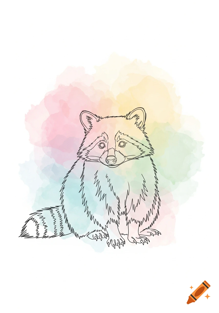 Line art drawing of a raccoon against a soft watercolor background with pink, blue, and yellow splotches.