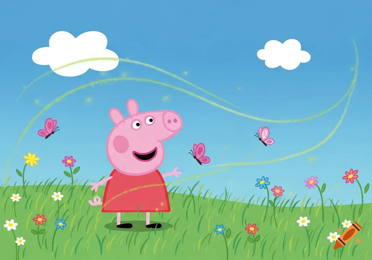 Peppa Pig smiles in a green field with colorful flowers and pink butterflies, golden lines swirl in the blue sky, cartoon style.