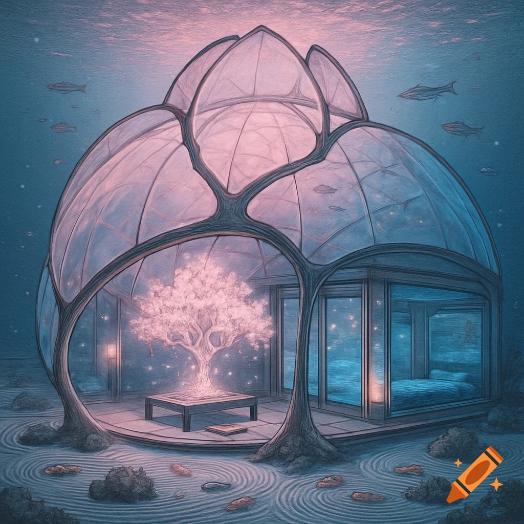 A futuristic Japanese-inspired underwater house, shaped like sakura petals, featuring a glowing cherry tree inside and an underwater zen garden.