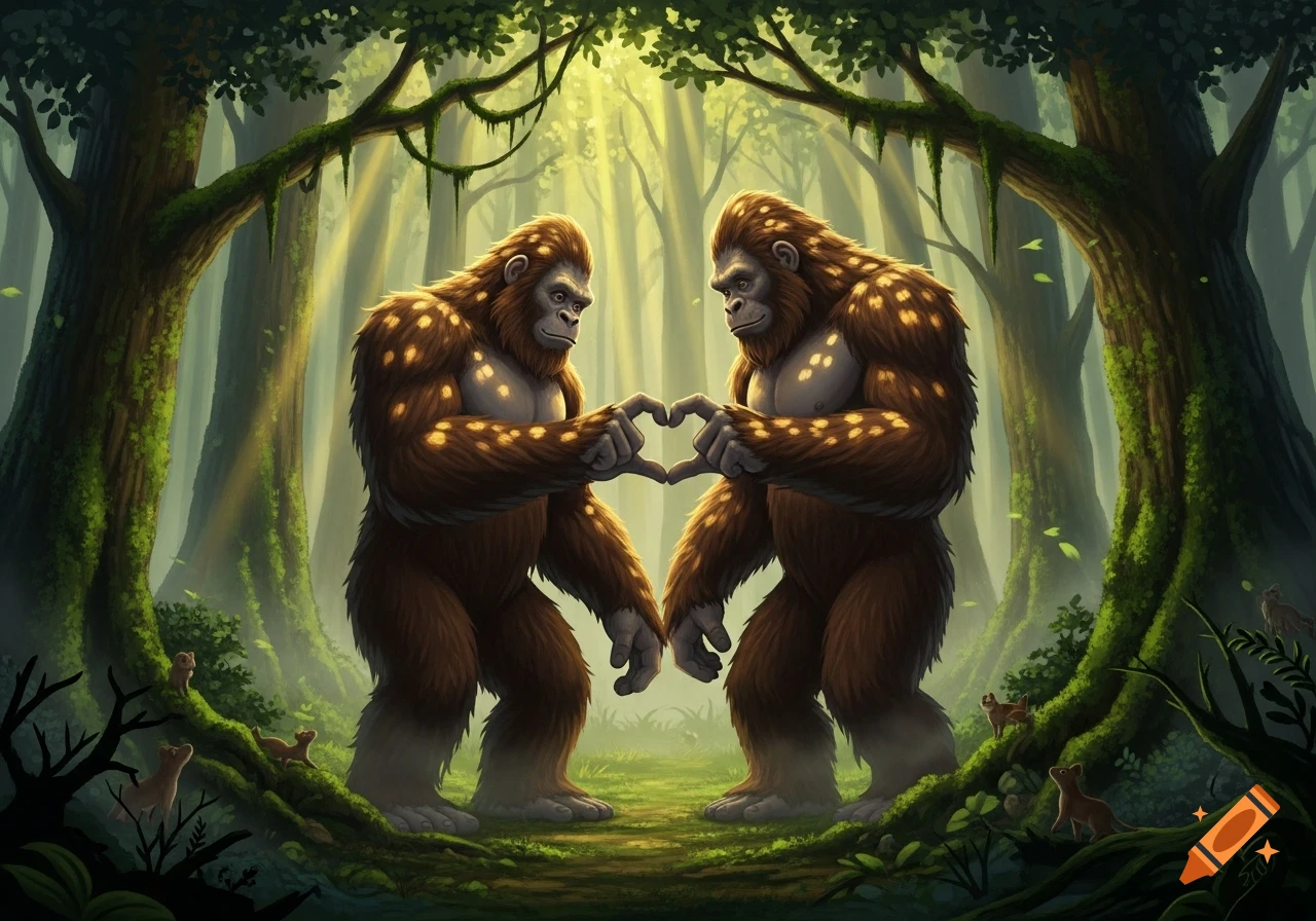 Two brown, hairy Bigfoot creatures in a vibrant green forest make a heart shape with their hands.