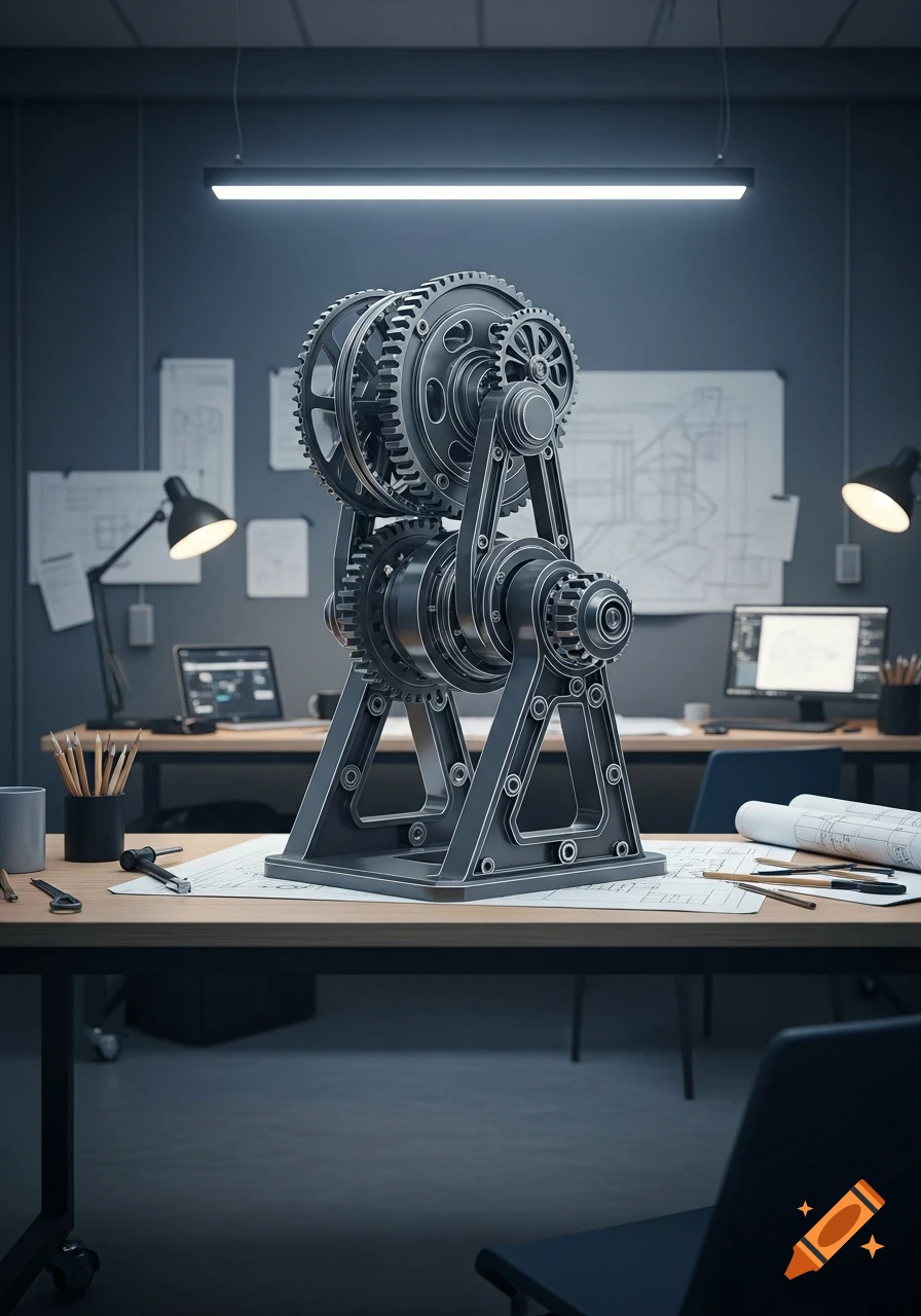 A detailed 3D model of an intricate mechanical assembly with gears and belts sits on a desk with blueprints in a modern engineering office.