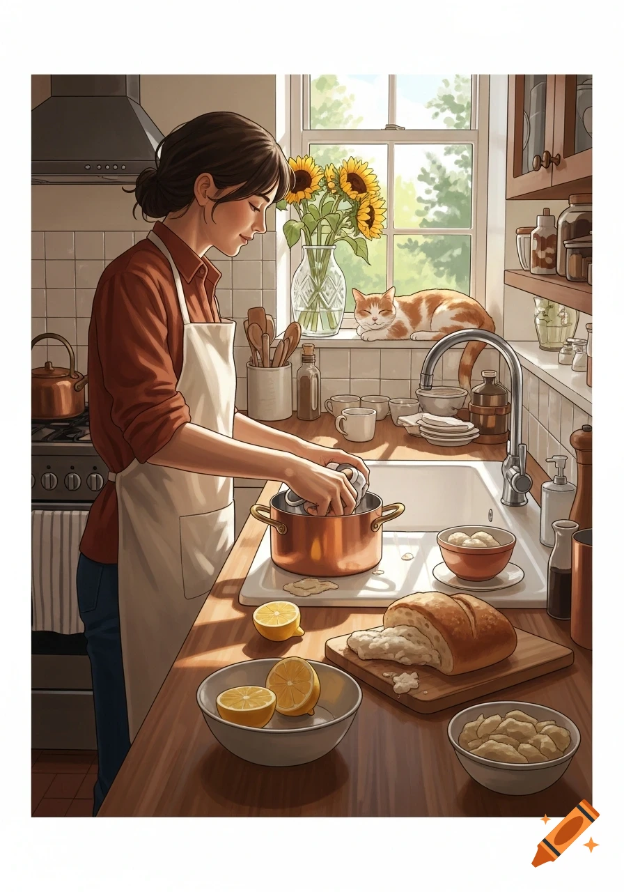 An illustrated scene of a woman washing dishes in a sunlit kitchen, with a cat resting on the windowsill beside sunflowers.