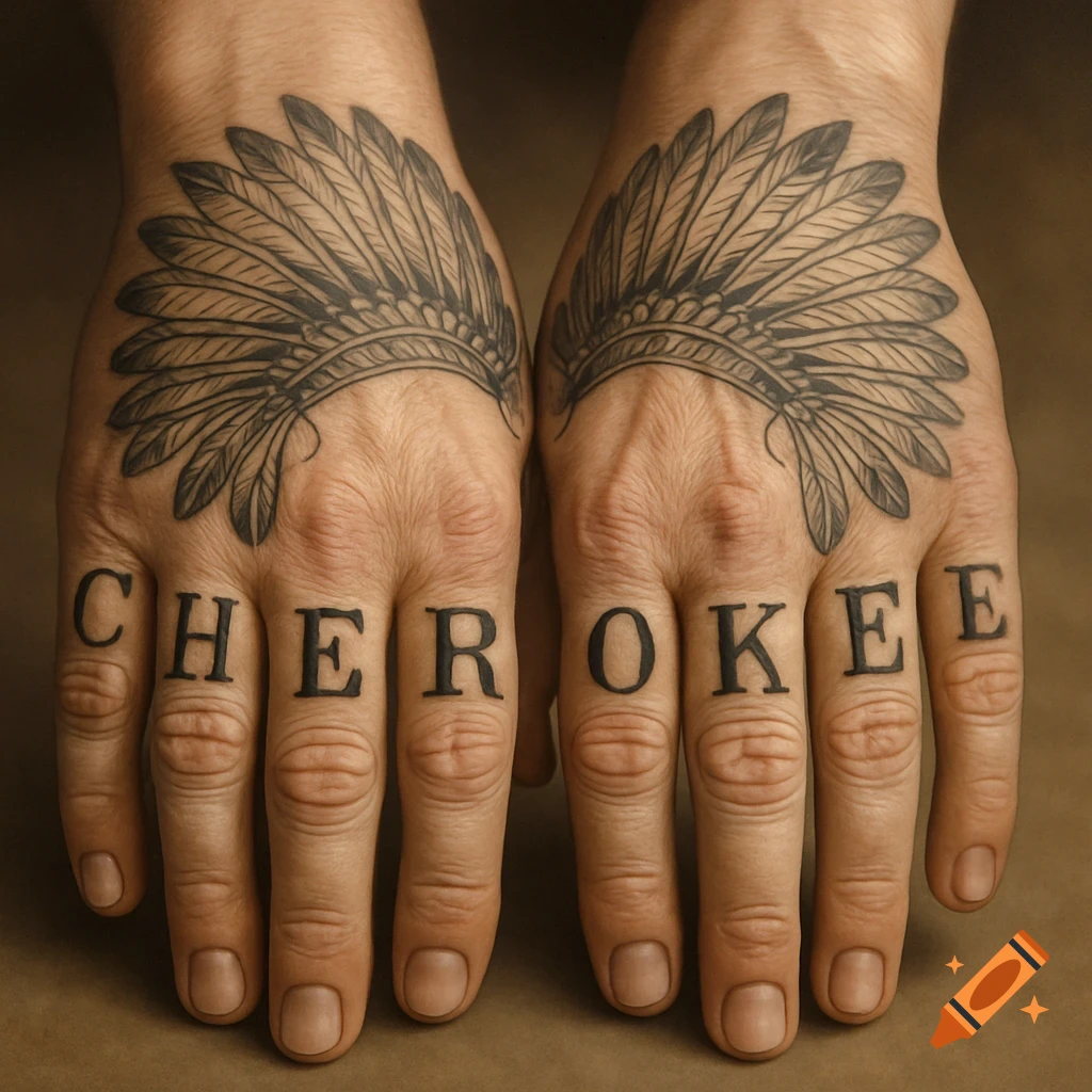 Two photorealistic hands with tattoos of Indigenous feather headdresses on the knuckles and 'CHEROKEE' spelled across the fingers.