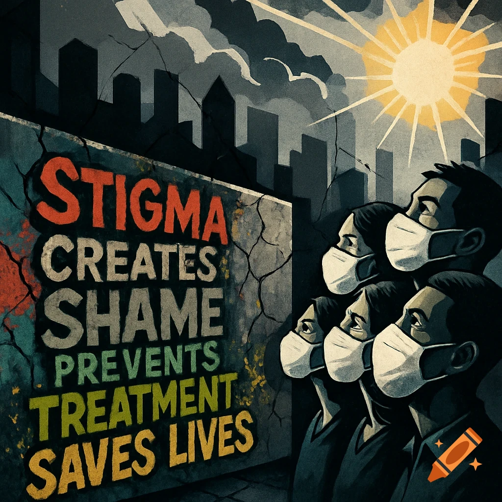 Stylized graphic art depicting people in medical masks looking up at a bright sun, with a wall displaying "STIGMA CREATES SHAME PREVENTS TREATMENT SAVES LIVES" in bold text.