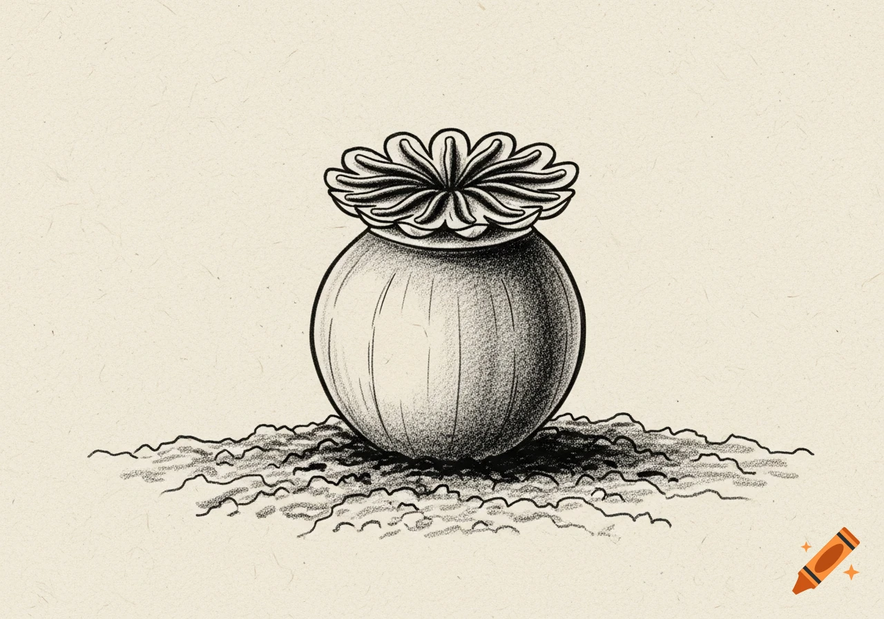Hand-drawn charcoal sketch of a poppy seed pod on soil, with soft shading and a textured paper background.